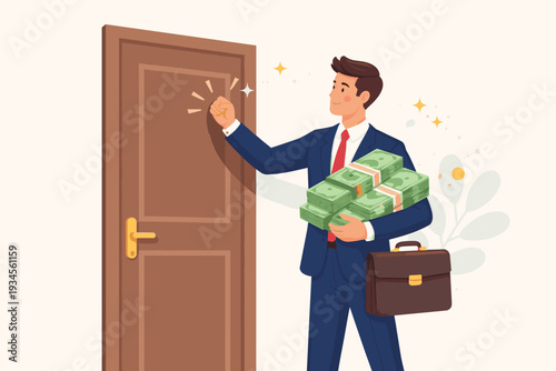 Successful businessman knocking on a door holding bundles of cash and a briefcase, symbolizing a new career opportunity, financial investment, wealth, prosperity, and business growth concept.