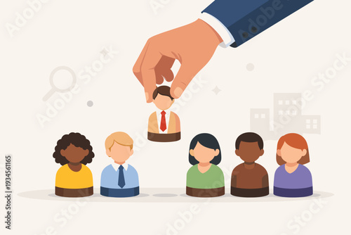 Human Resources and Recruitment Concept Illustration with a Hand Choosing a Candidate from a Diverse Team for a Job Opportunity, Employee Selection, Hiring Process, and Talent Acquisition.