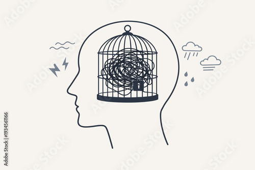 Mental health concept with human head profile, locked birdcage containing tangled thoughts, and storm symbols representing anxiety, depression, stress, obsession, and feeling trapped in mind.