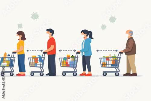 People wearing face masks and keeping social distance while standing in a queue with shopping carts at a grocery store to prevent the spread of COVID-19 coronavirus pandemic and flu outbreak.