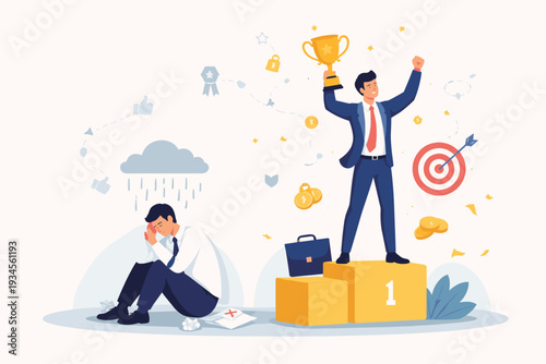Business Success and Failure Concept with a Happy Winner Holding a Trophy on a Podium and a Sad Discouraged Man Sitting Under a Rain Cloud Feeling Anxious from Social Comparison and Competition.