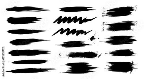 Brush strokes set with black ink splatters and grunge effects on white background for artistic design featuring black brush strokes, graphic design,