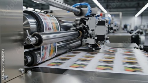 High-speed industrial printing machine producing colorful images on paper in a modern factory