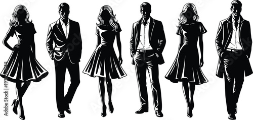 Black and white silhouettes of six people in business casual clothing fashion