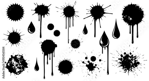 Inkblots set with black splatters and drips on white background, grunge graphic elements with various shapes and textures, abstract splashes and