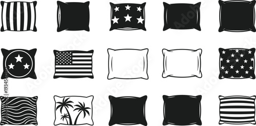Black and white throw pillows with various striped starry American flag