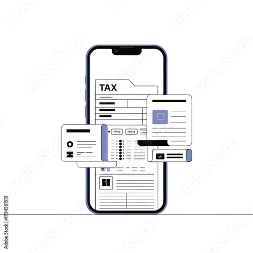 Mobile phone displaying a tax form interface with graphic elements