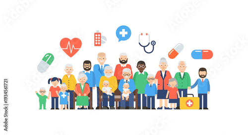 Diverse Multi-Generational Family with Healthcare and Medical Icons: Health and Wellness for All Ages