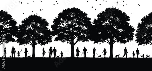 Family walking in park silhouette vector illustration, people with children and dogs under trees, outdoor nature landscape scene isolated on white