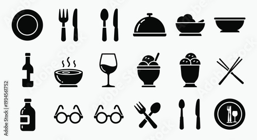 Black silhouette icons depicting various food drink and utensil items