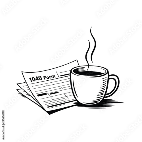 Tax season stress a steaming cup of coffee and a 1040 form
