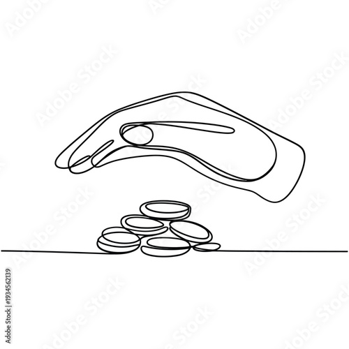 A continuous line drawing depicts a hand offering coins towards a stack