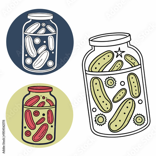 Assorted jars of pickles and olives, hand-drawn illustrations of preserved vegetables in brine, vintage food storage containers, healthy snack items