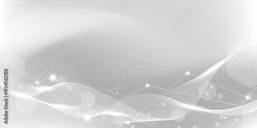 White grey background of science technology concept with connection lines, light particles and hexagon shapes. For clean digital network, modern medical science, presentation, poster, banner