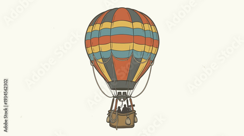 Colorful hot air balloon with wicker basket and passengers