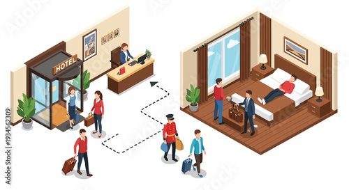 Isometric illustration of a hotel lobby room and guest services