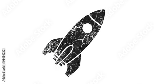 Cracked texture rocket ship icon, retro space travel concept.