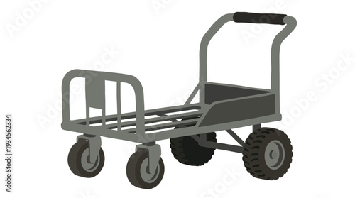 Gray metal trolley cart with four wheels on white background