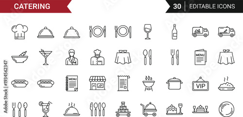 Catering Line Icon Set Featuring Chef Buffet Table Food Delivery Waiter Cutlery VIP Service and Event Dining Symbols in Minimal Editable Stroke Vector Illustration Collection