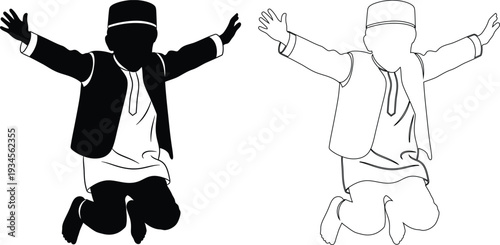 Two joyful stick-figure characters embracing in contrasting poses with winter attire
