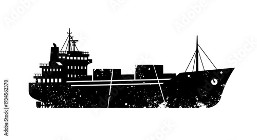 Grunge Cargo Ship Silhouette, Black and White