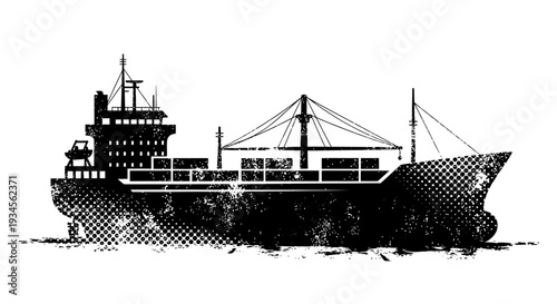 Grunge cargo ship illustration, black and white, isolated on white