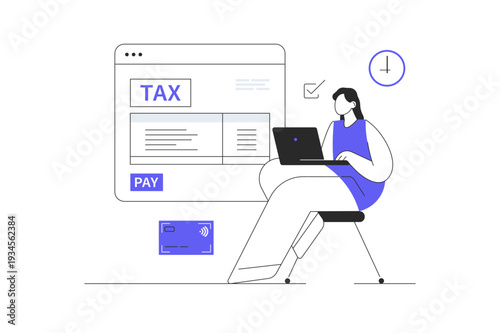 Tax payment. Data analysis, paperwork, financial research, report. Tax bills, laptop, time, credit card. Flat Cartoon Vector Illustration, icon Stylish abstract design landing page web
