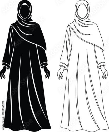 Traditional long robes with headscarves illustrated in monochrome