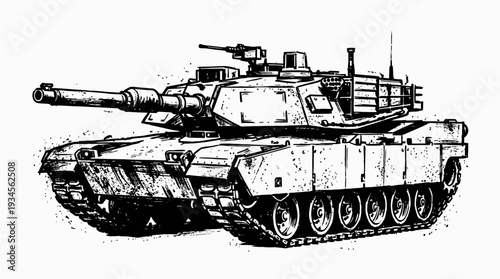 Modern military tank illustration, black and white sketch style