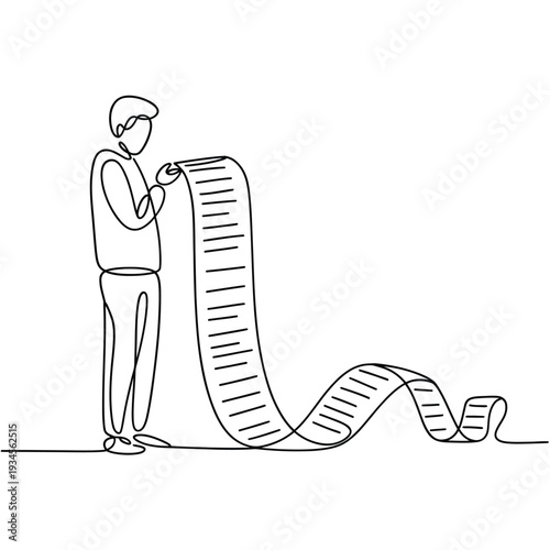 A man studies a long cascading list in a continuous line drawing