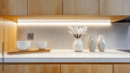Modern Kitchen Counter with Minimalist Decor Featuring Elegant Vases, White Bowls, and Simple Flower Arrangement on a Light Wood Surface