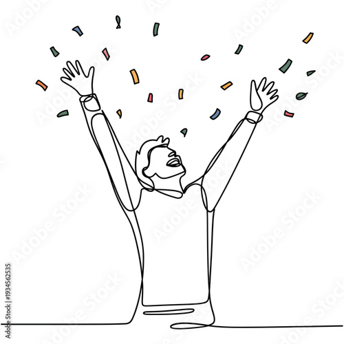 A person reaching upwards with arms raised surrounded by falling shapes