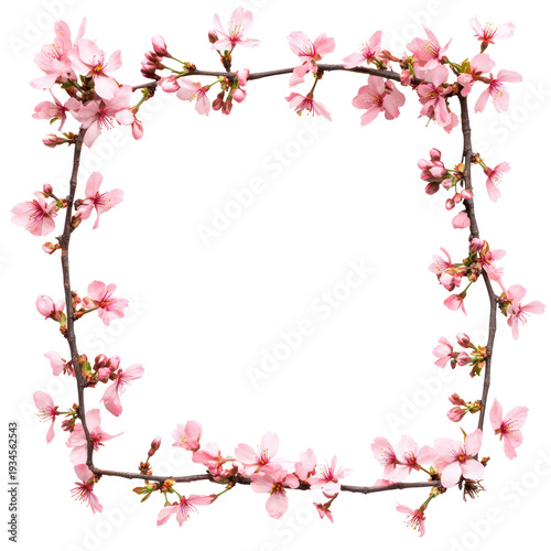 A delicate floral wreath made of pink cherry blossoms on transparent background