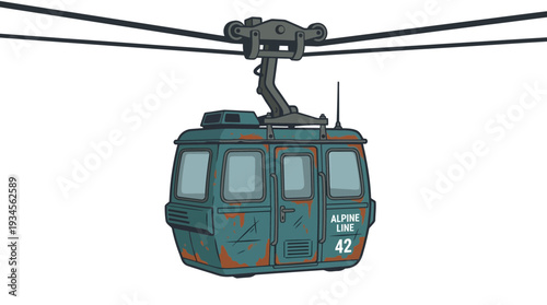 Retro cable car cabin, alpine line, suspended on steel cables