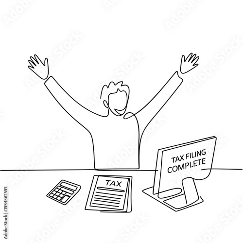 Person celebrating completing taxes with hands raised desk and paperwork shown