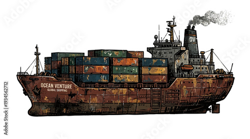 Rusty cargo ship, container vessel, global shipping on white background
