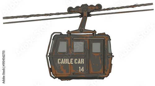 Rusty old cable car transport gondola on white background