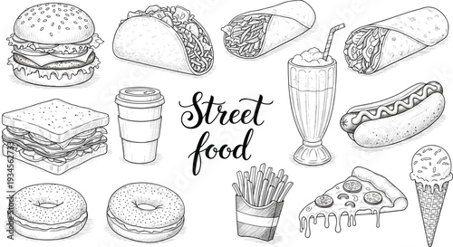 Street Food Hand Drawn Vector Illustration Featuring Burger Taco Burrito Hot Dog Pizza Fries Milkshake and Ice Cream in Vintage Engraving Sketch Style Design