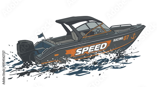 Speed boat racing in water, dynamic action, modern design