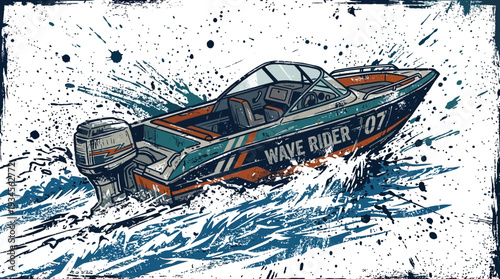 Speedboat racing through choppy water, dynamic splash, retro style