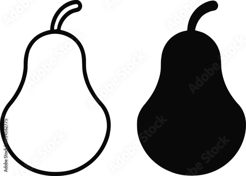 Pear fruit vector icons in linear and solid black silhouettes for organic food illustration