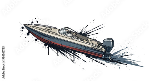 Speedboat with paint splatter effect, vector illustration