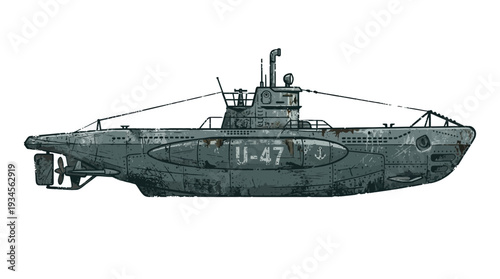 Vintage gray submarine U-47 isolated on white background
