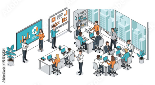 Isometric illustration of a modern office space with people collaborating