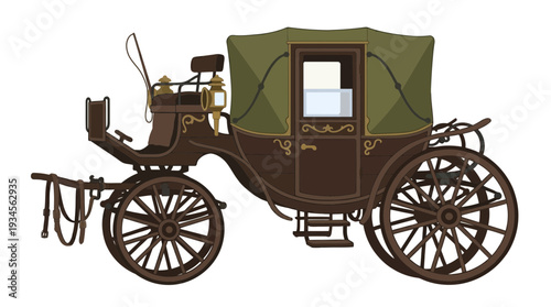 Vintage horse-drawn carriage with ornate details and green canopy