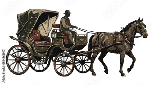 Vintage horse-drawn carriage with driver in silhouette, isolated on white
