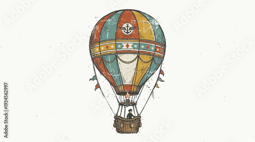 Vintage hot air balloon with person in basket, retro design, isolated on white background