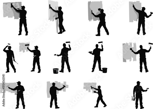 painter, painting, wall, roller, brush, bucket, worker, labor, job, renovation, construction, silhouette, home, improvement, interior, design, work, tool, activity, occupation