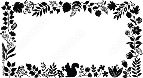 Black silhouette of squirrel surrounded by floral border flowers leaves