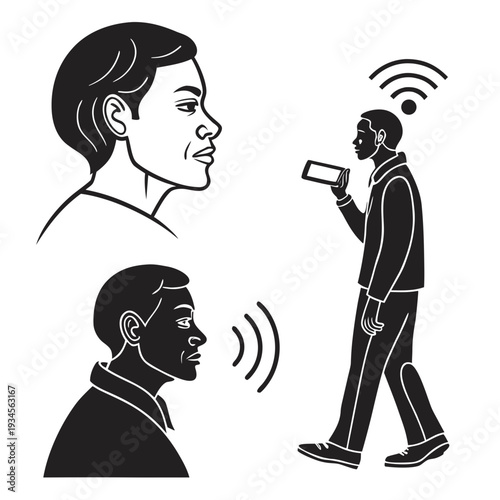 A man talking to a woman through a voice assistant